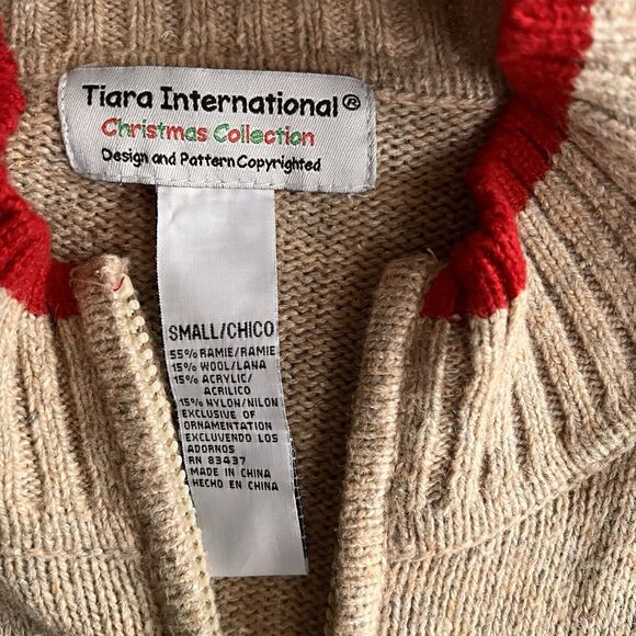 Tiara International Ugly Christmas Sweater‎ Small Holiday Zipper Santa Bird Tan - Picture 3 of 11